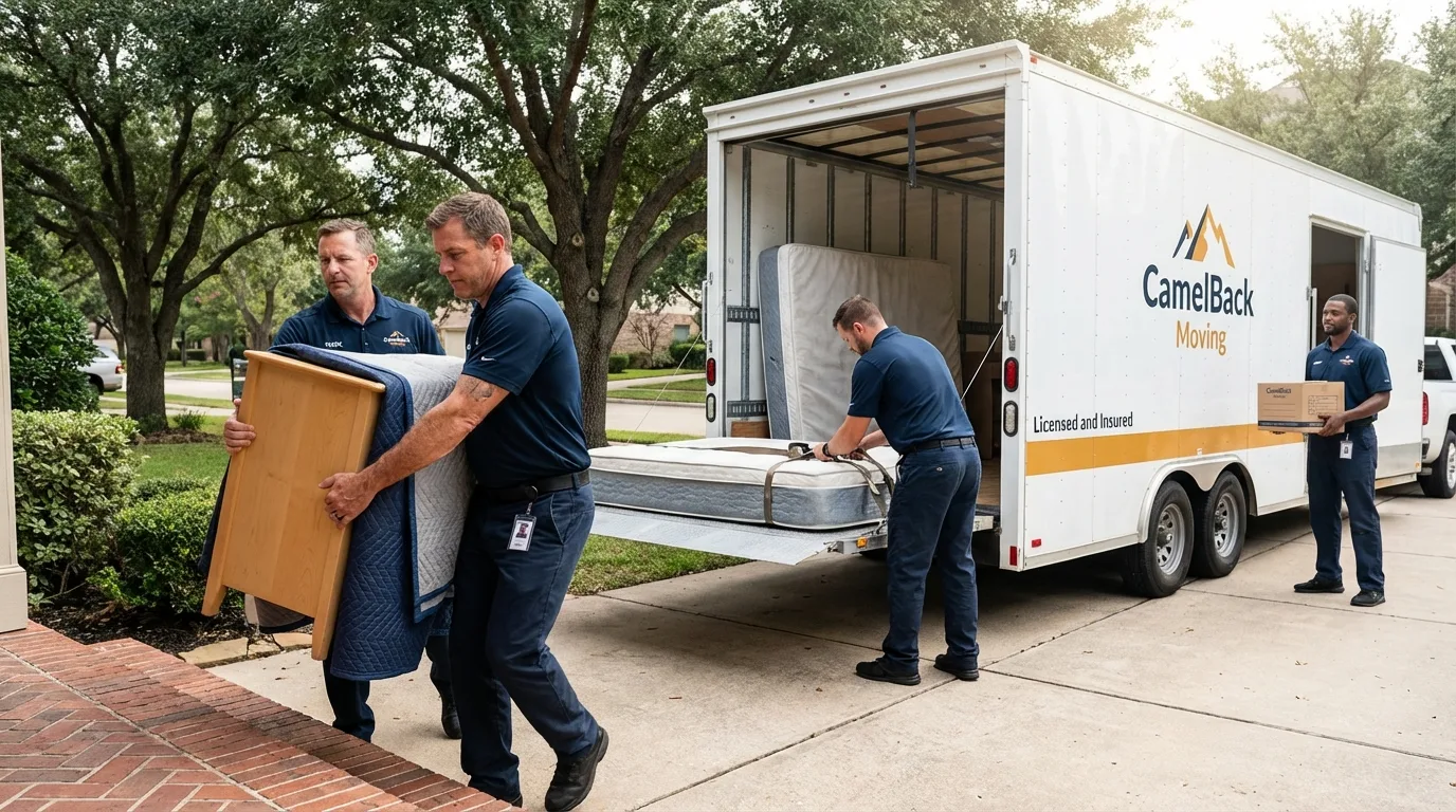 Crew loading residential truck for cross-state move from Reedley, CA