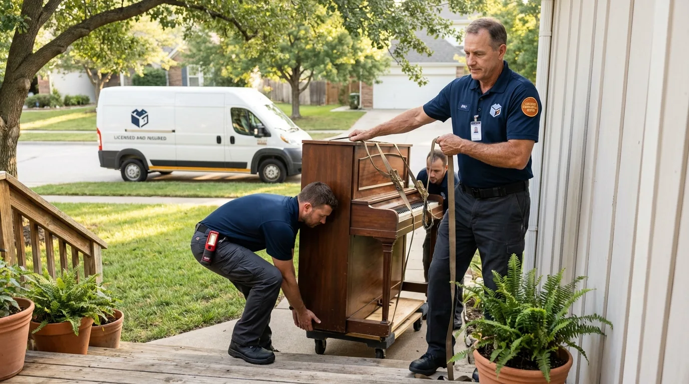 Licensed piano movers securing grand piano in Reedley, CA