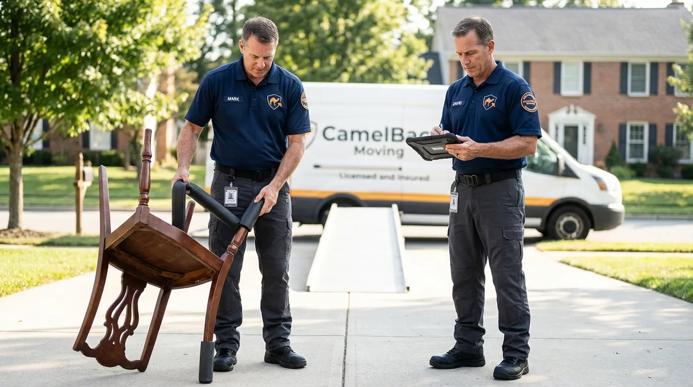 Movers inspecting furniture for damage prevention before loading in Reedley, CA