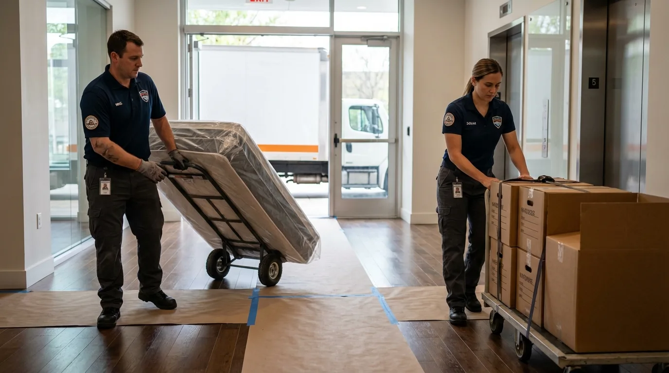 Professional apartment movers loading elevator in Reedley, CA