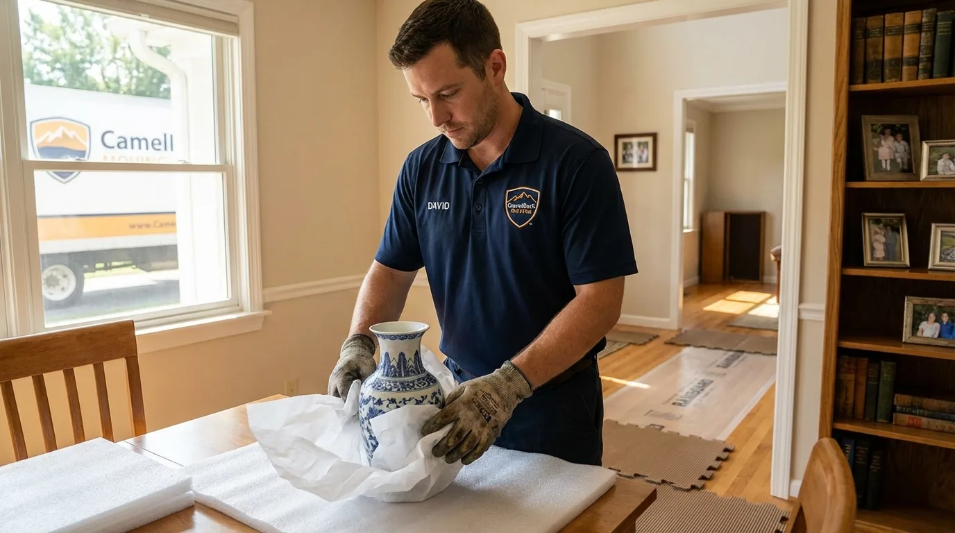 Professional crew carefully wrapping antique vase for senior downsizing move in Reedley, CA